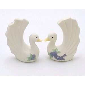 Vintage Swan Salt and Pepper Shaker Set Porcelain With Stoppers Floral Accents
